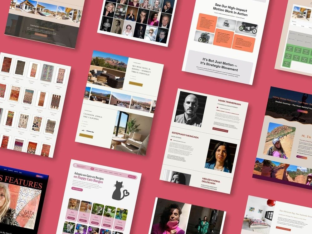 A collage of website mockups on a red background, featuring design layouts, photos, text, and Squarespace help resources.