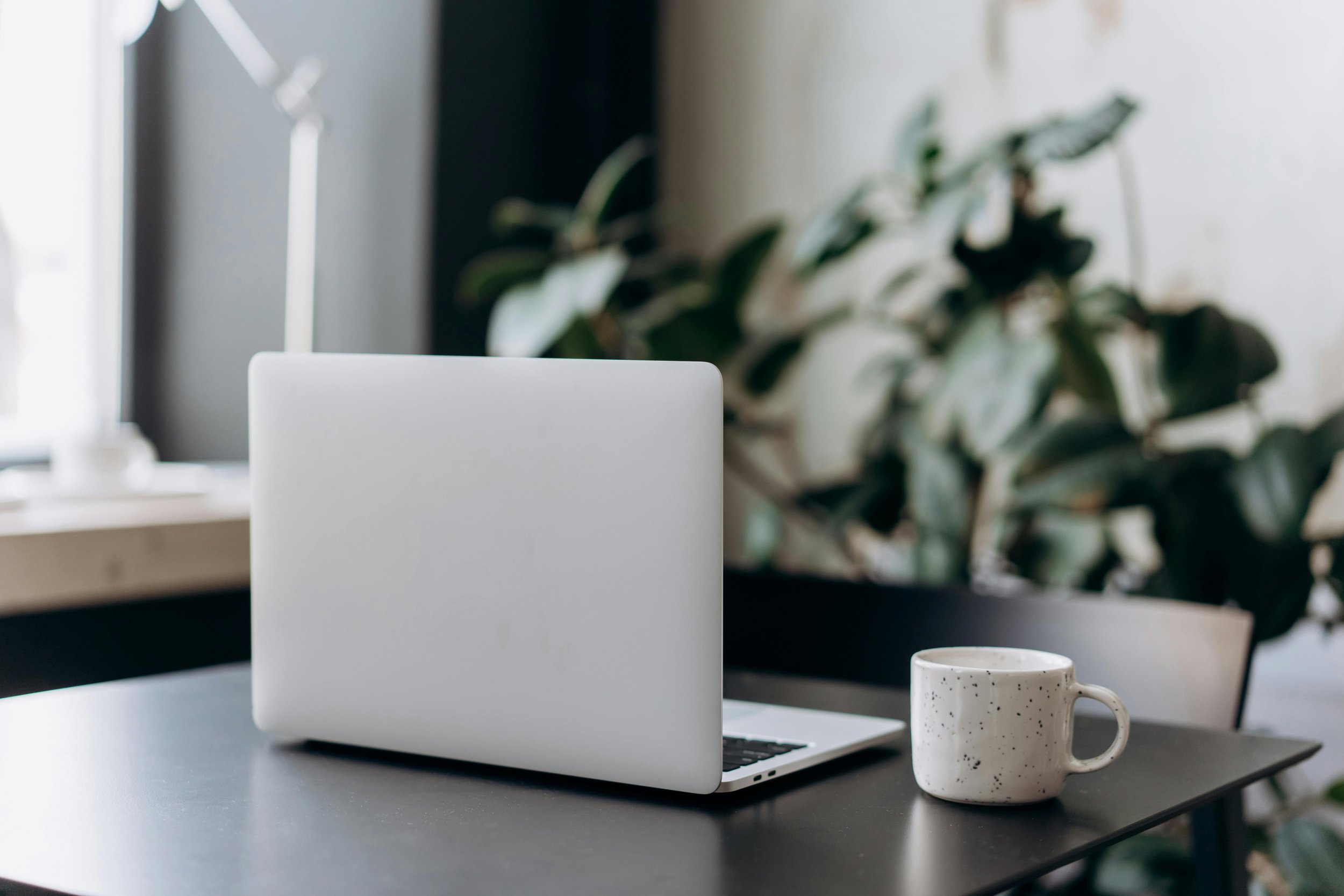 A silver laptop and a white coffee mug sit on a dark table—perfect for catching up on Squarespace help, with plants in the background.